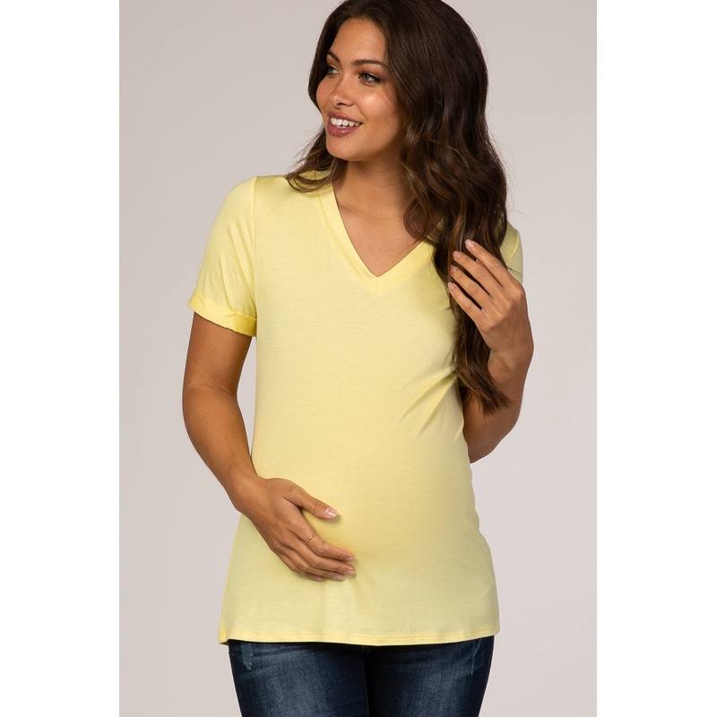 Yellow V-Neck Cuff Sleeve Maternity Top