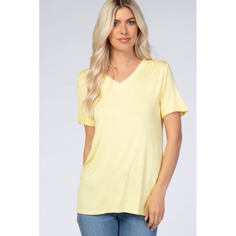 Yellow V-Neck Cuff Sleeve Top