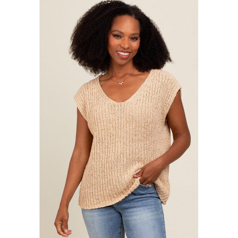 Beige Sleeveless Chunky Knit Top