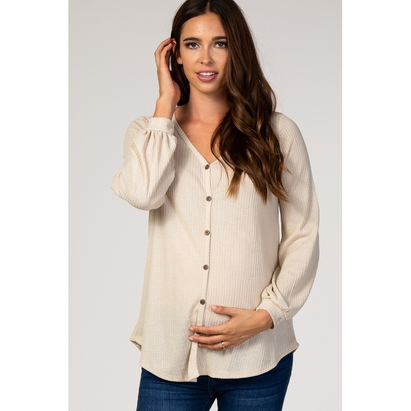 Beige Waffle Knit Button Front Maternity Top