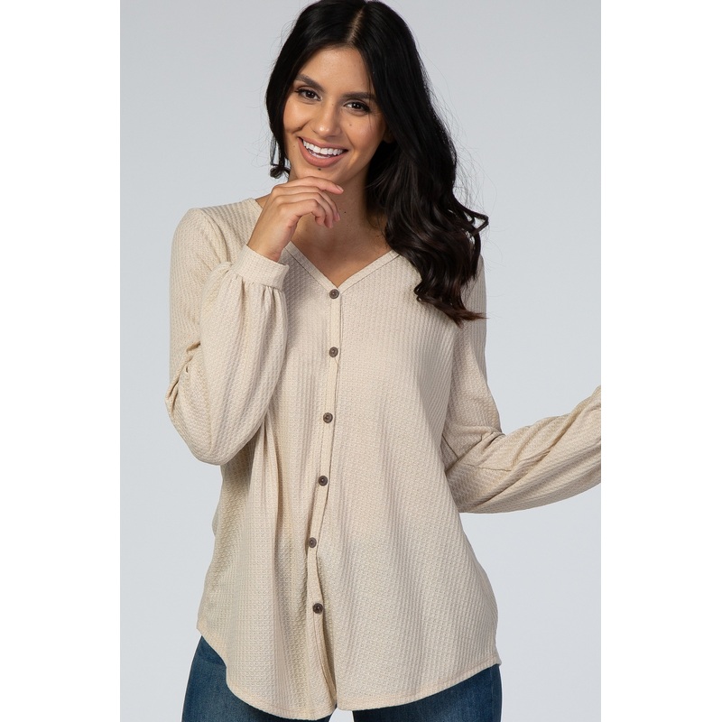 Beige Waffle Knit Button Front Top