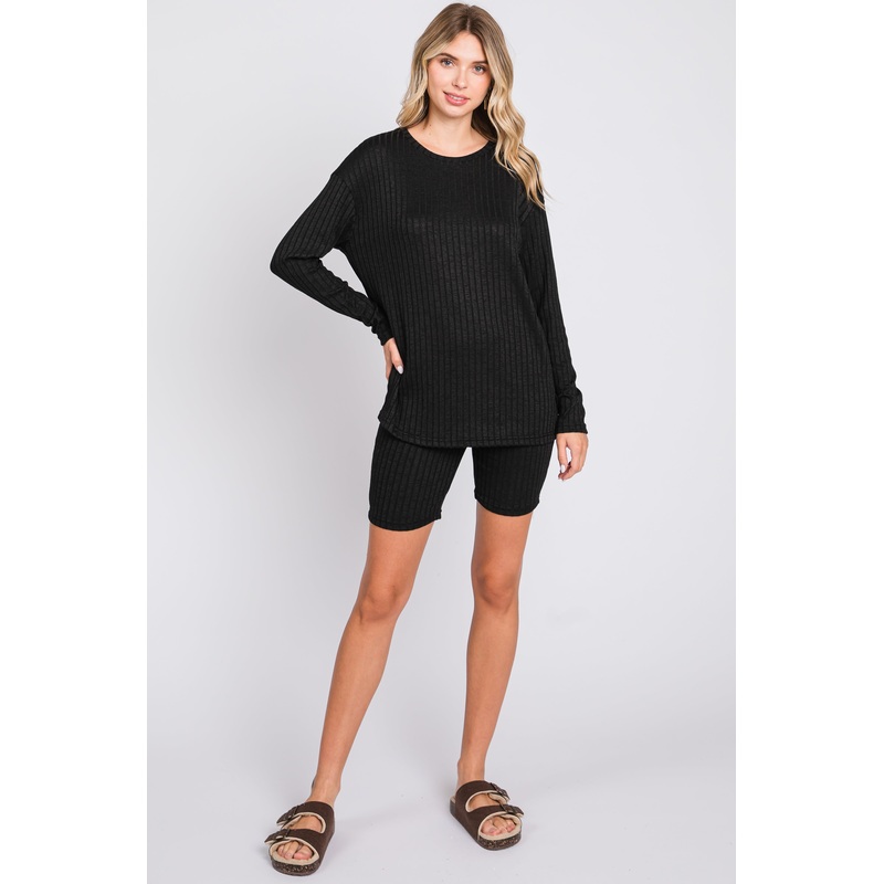 Black Ribbed Long Sleeve Shorts Set