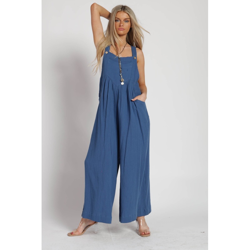 Blue Pocket Front Wide Leg Jumpsuit