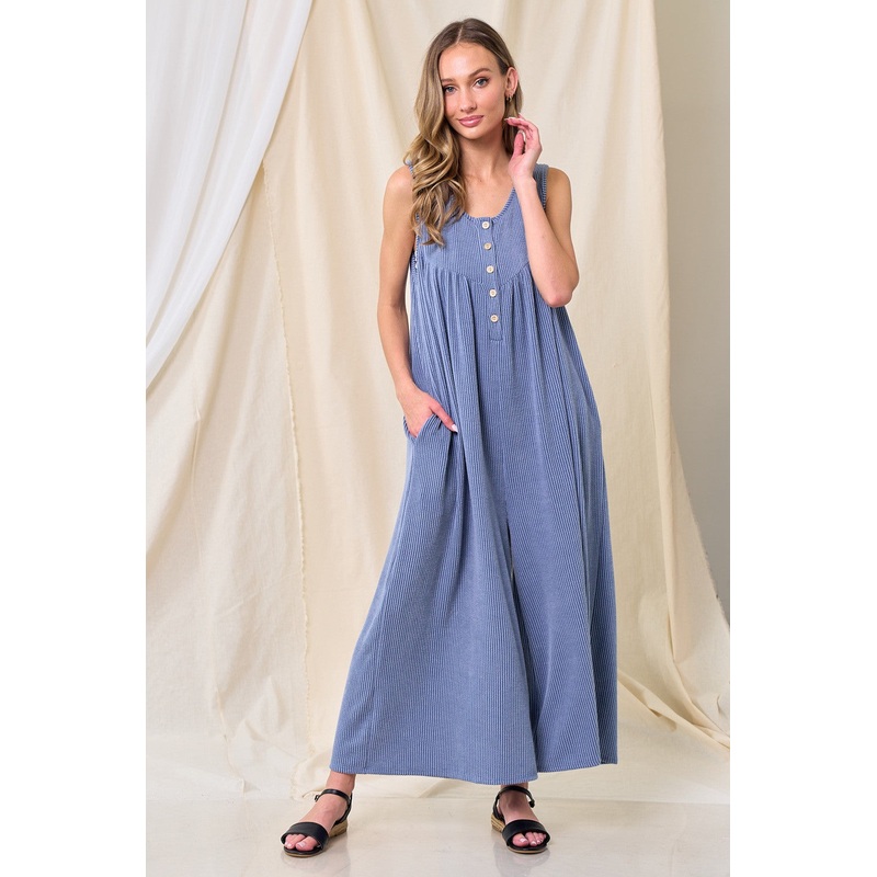 Blue Ribbed Sleeveless Button Front Jumpsuit