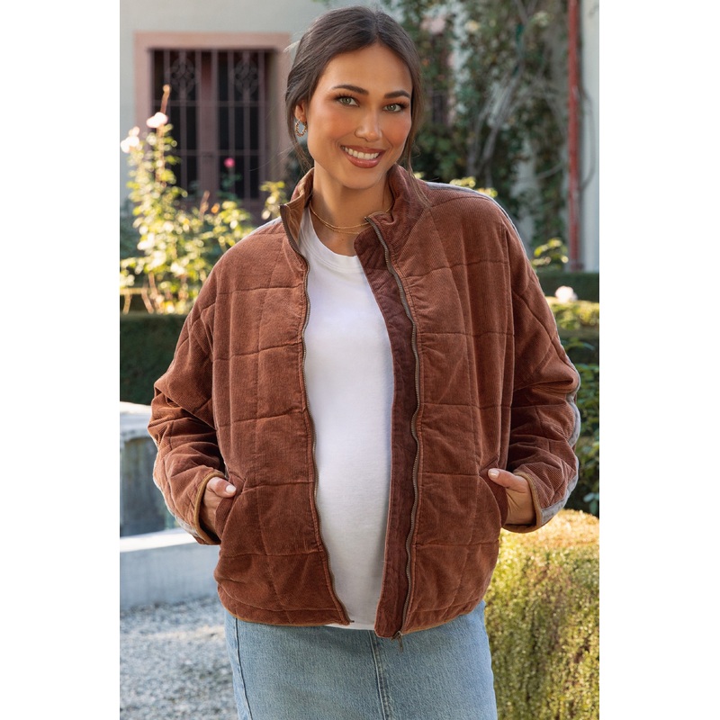 Brown Quilted Corduroy Maternity Puffer Jacket