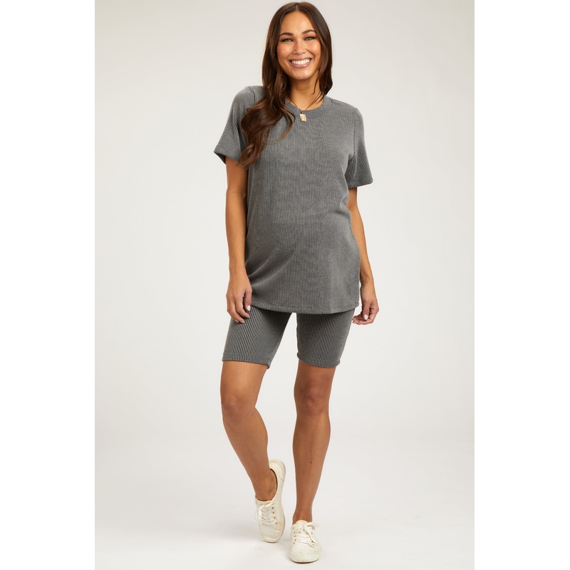 Charcoal Ribbed Biker Shorts Maternity Set