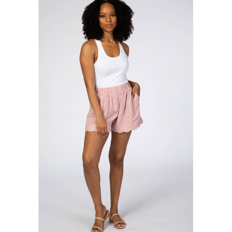 Light Pink Scalloped Hem Linen Shorts