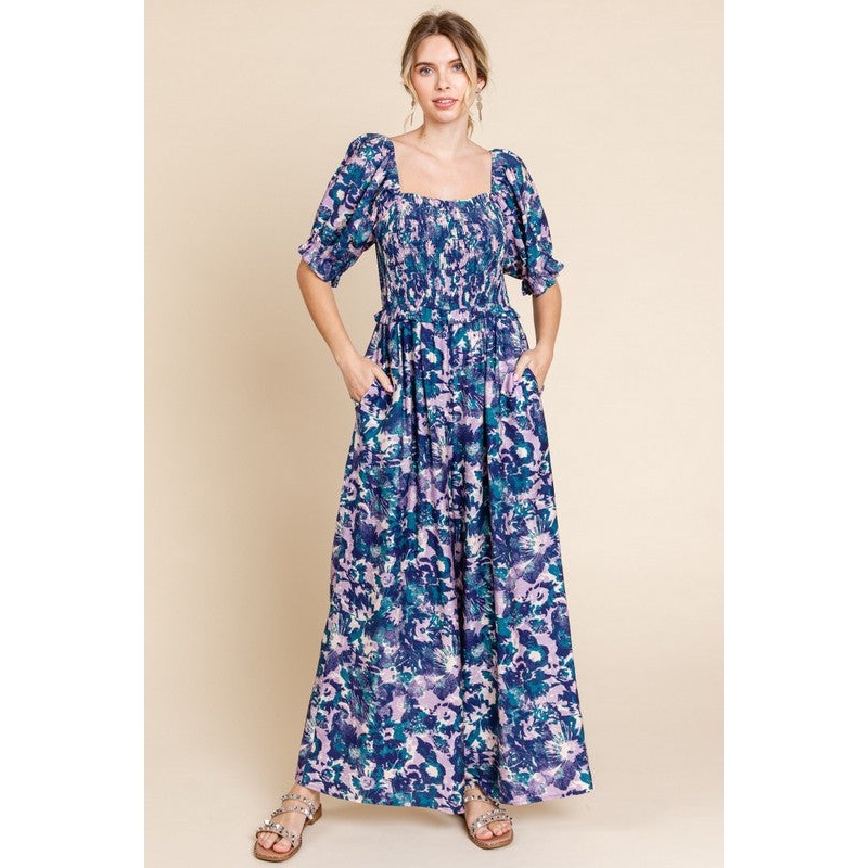 Navy Blue Smocked Square Neck Ruffle Waist Jumpsuit