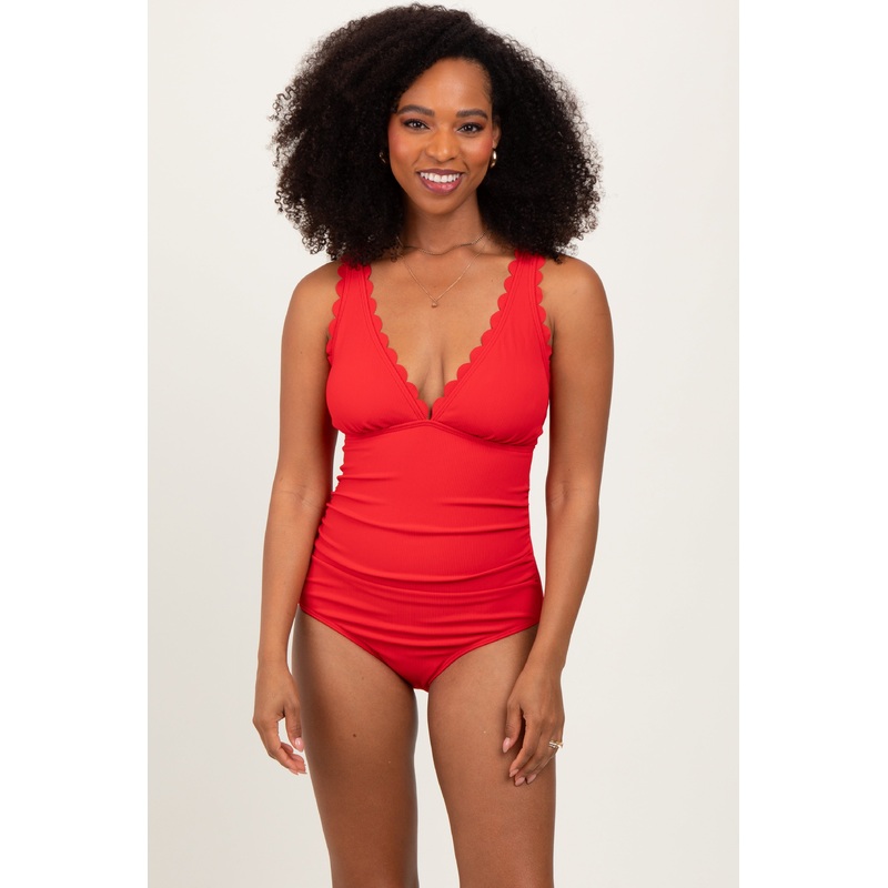 Red Scallop Trim One Piece Swimsuit