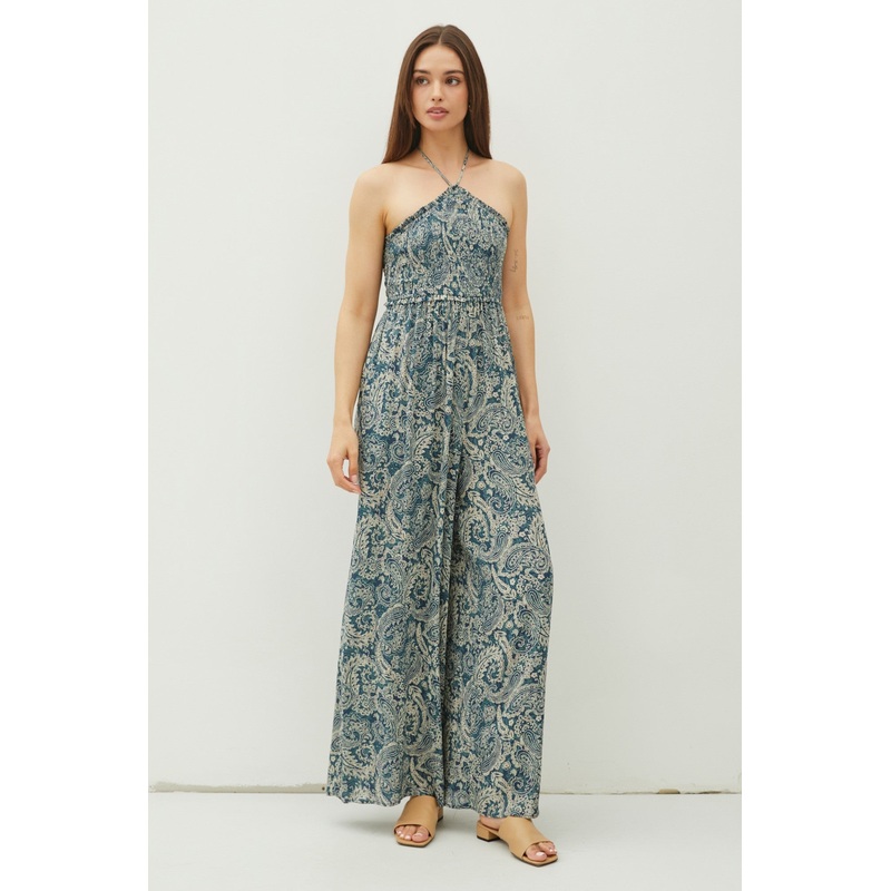Teal Print Back Cutout Smocked Halter Wide Leg Jumpsuit