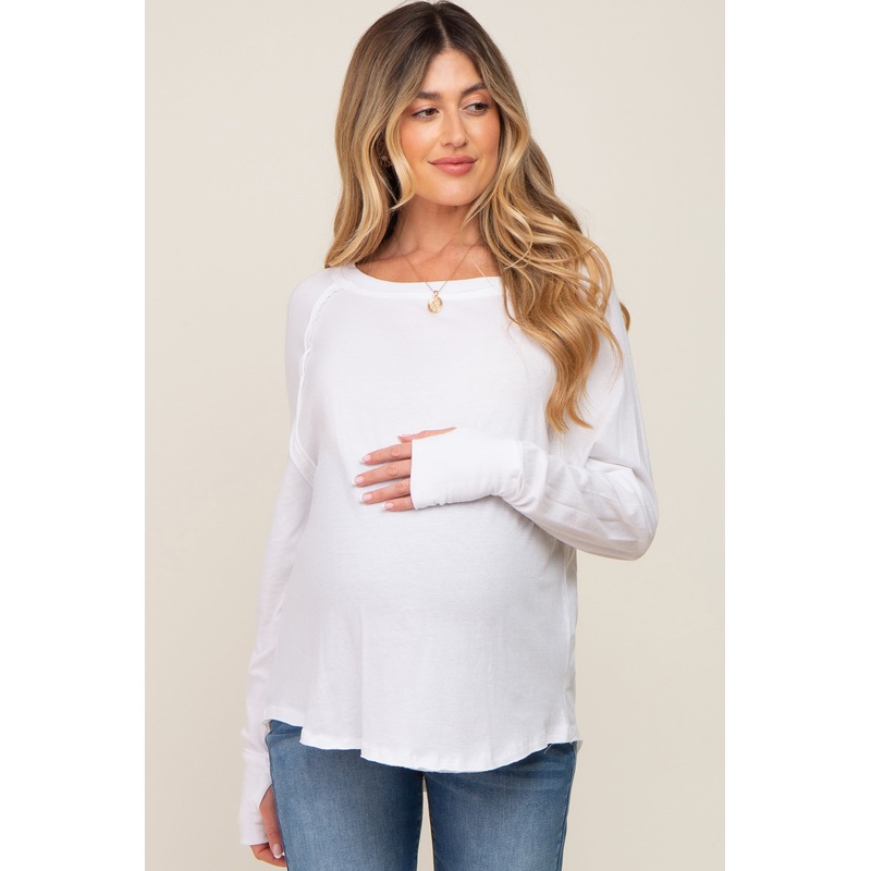 White Exposed Seam Long Sleeve Maternity Top