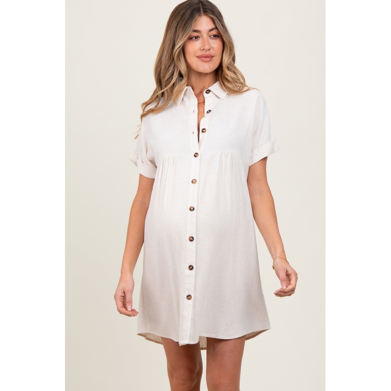 Beige Dolman Sleeve Linen Maternity Shirt Dress
