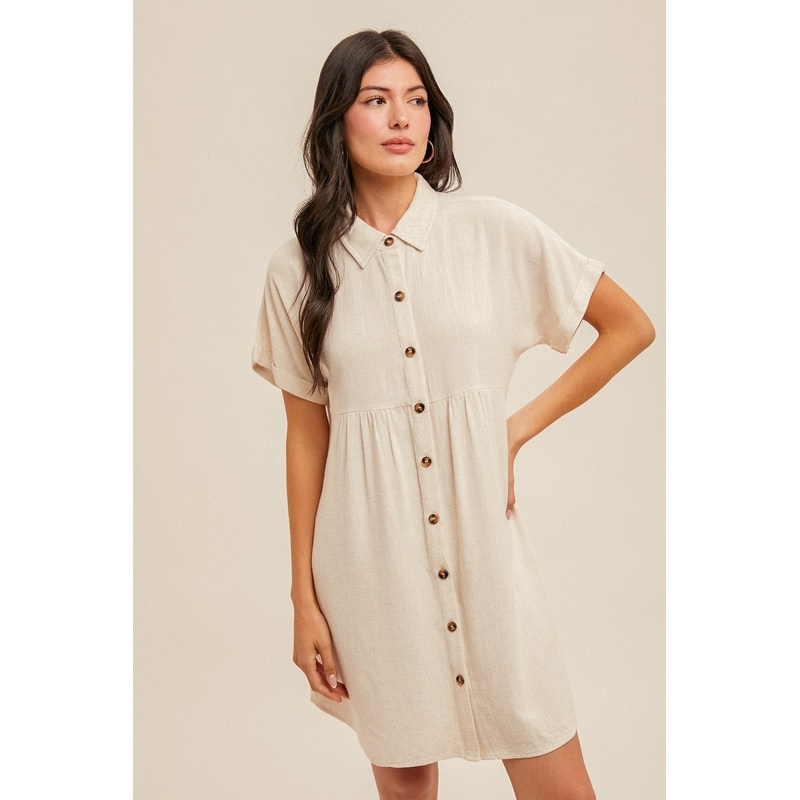 Beige Dolman Sleeve Linen Shirt Dress