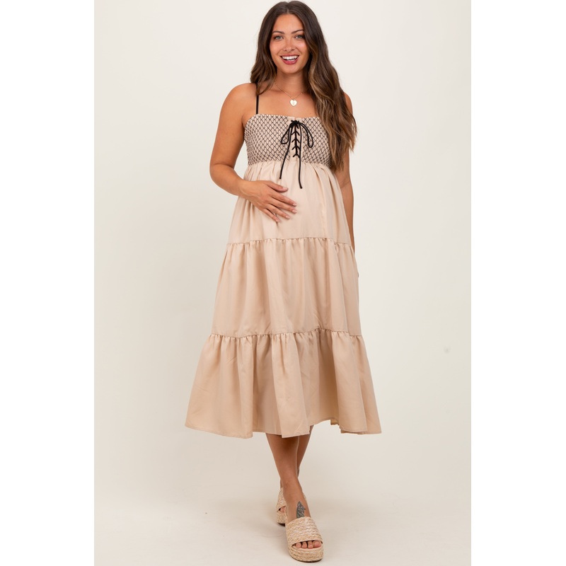 Beige Lace Up Smocked Bodice Tiered Maternity Midi Dress