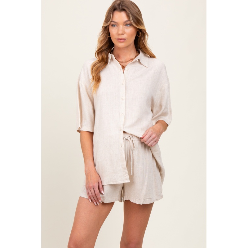Beige Linen Blend Short Sleeve Shirt Shorts Maternity Set