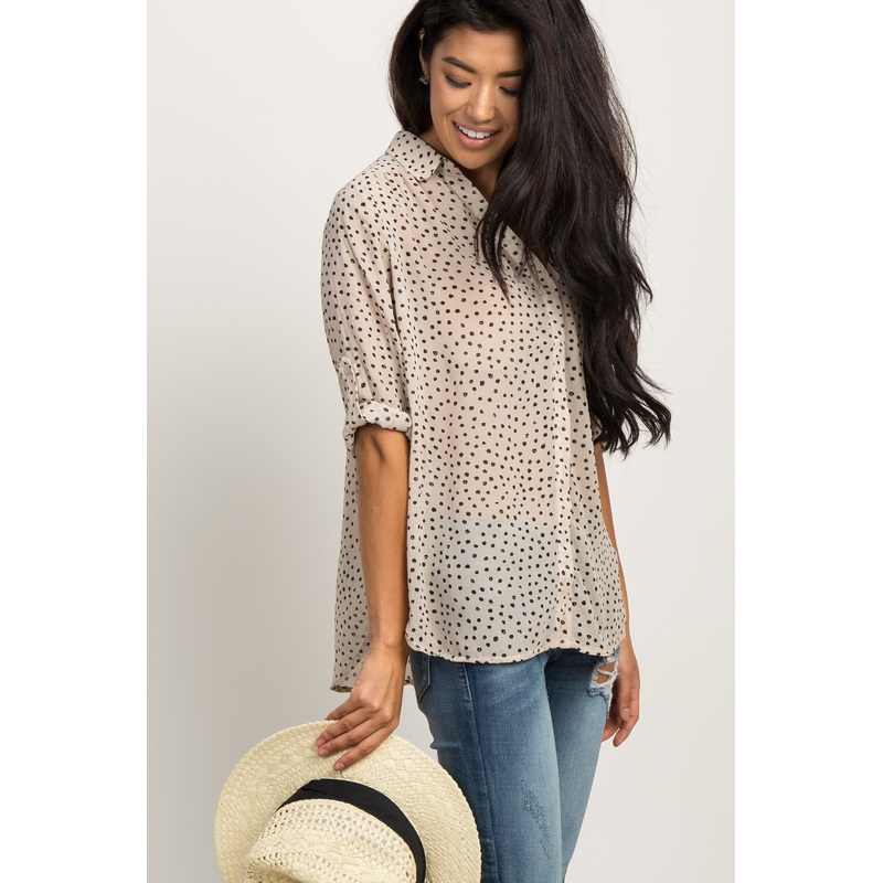 Beige Polka Dot Chiffon Blouse
