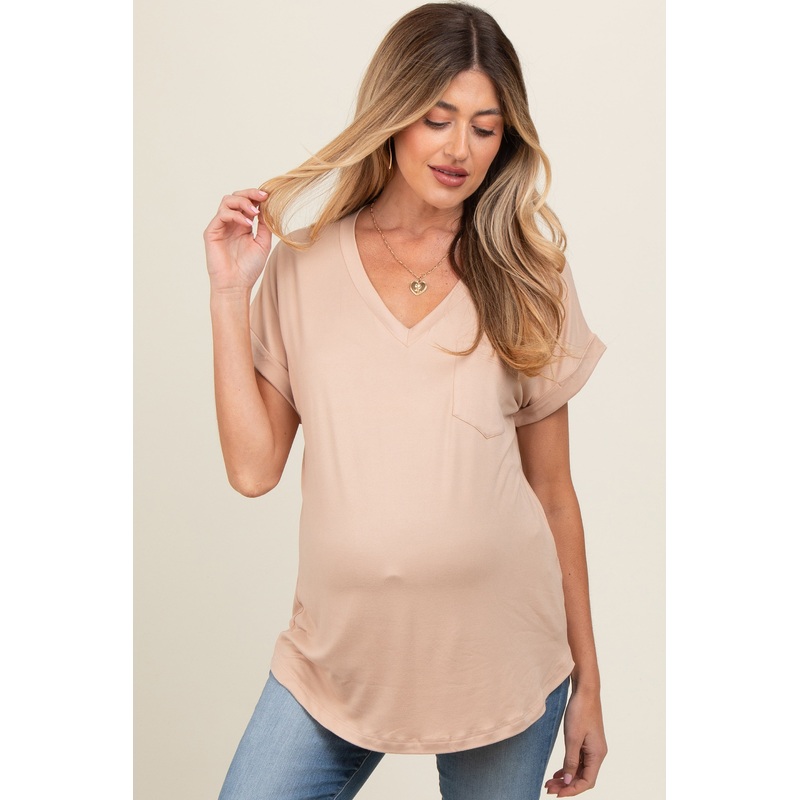 Beige V-Neck Pocket Short Sleeve Maternity Shirt
