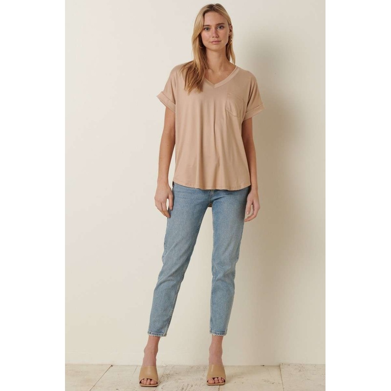 Beige V-Neck Pocket Short Sleeve Shirt