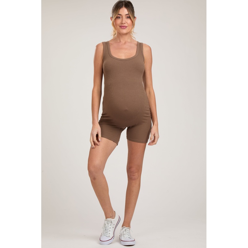 Mocha Sleeveless Ribbed Biker Short Maternity Romper
