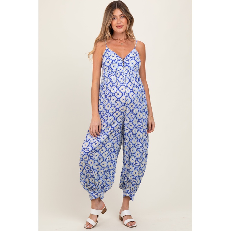 Royal Blue Printed Button Detail Maternity Jumpsuit