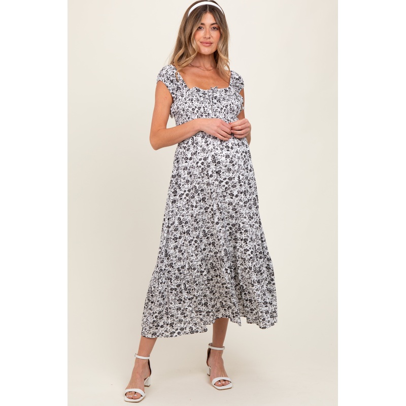 White Floral Smocked Ruffle Detail Maternity Midi Dress