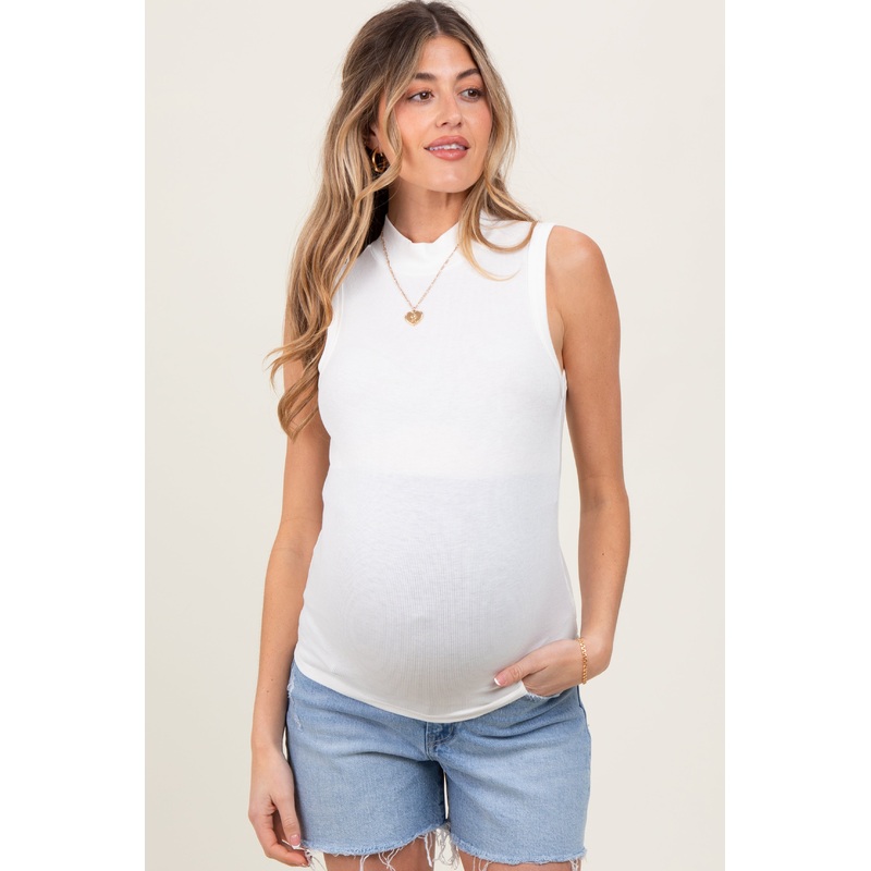 White Knit Mock Neck Sleeveless Maternity Top