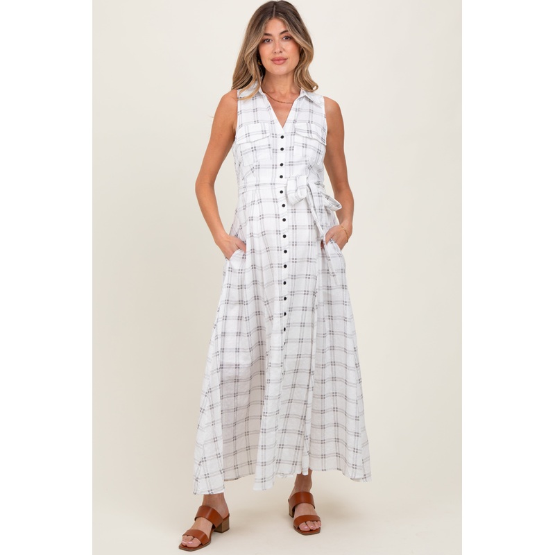White Plaid Sleeveless Sash Tie Maternity Shirt Dress