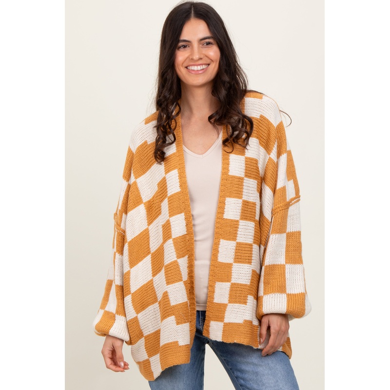 Yellow Checkered Oversized Cardigan