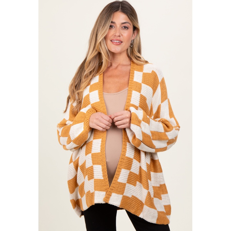 Yellow Checkered Oversized Maternity Cardigan