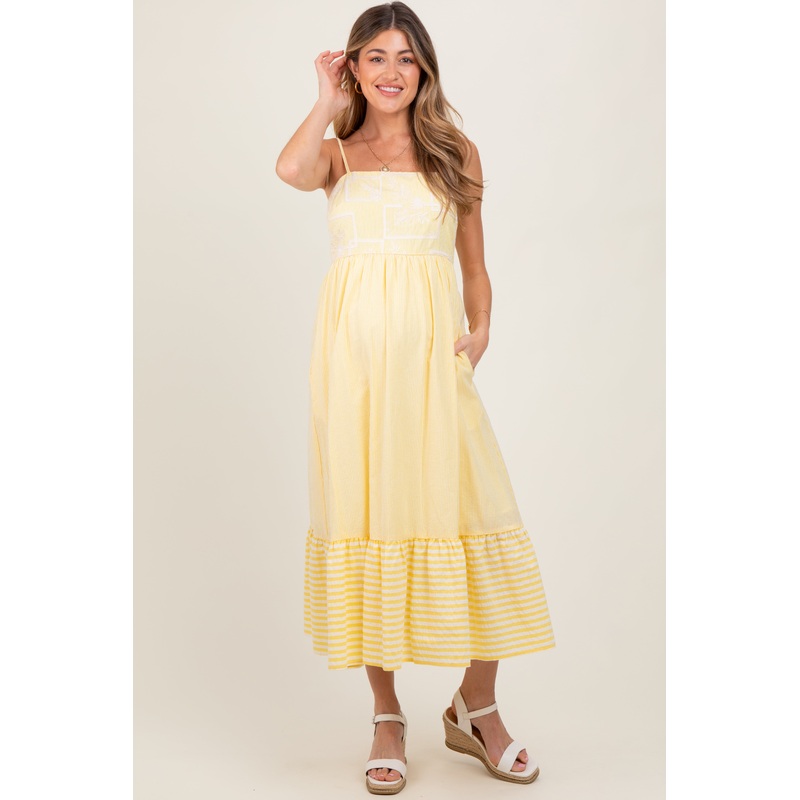 Yellow Embroidered Striped Colorblock Maternity Midi Dress