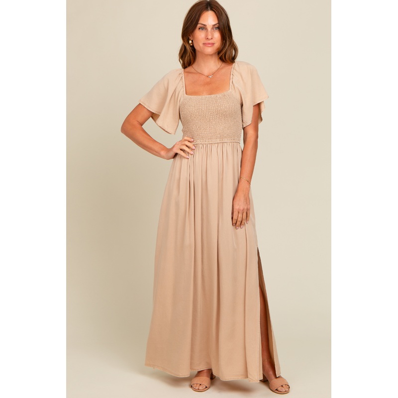 Beige Chambray Smocked Maxi Dress