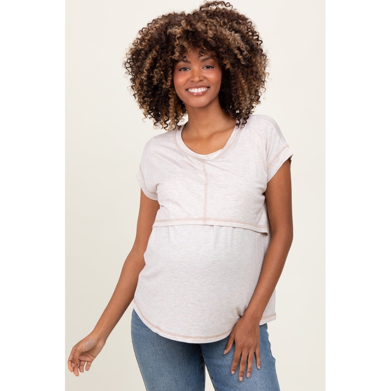 Beige Double Layer Short Sleeve Maternity Nursing Top