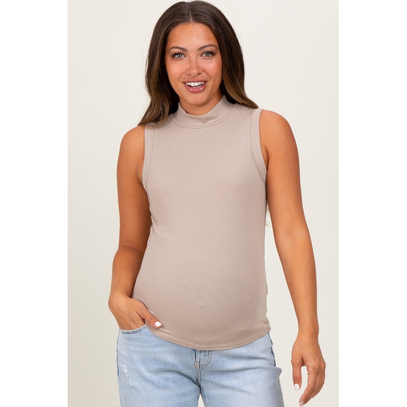 Beige Knit Mock Neck Sleeveless Maternity Top