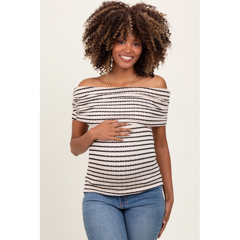 Beige Off The Shoulder Striped Maternity Top
