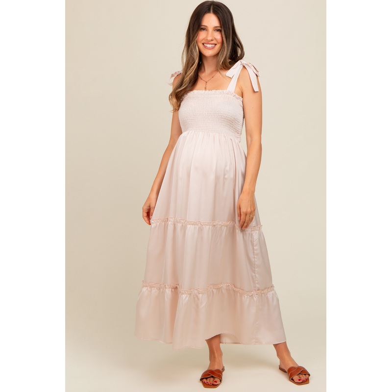 Beige Satin Smocked Maternity Maxi Dress