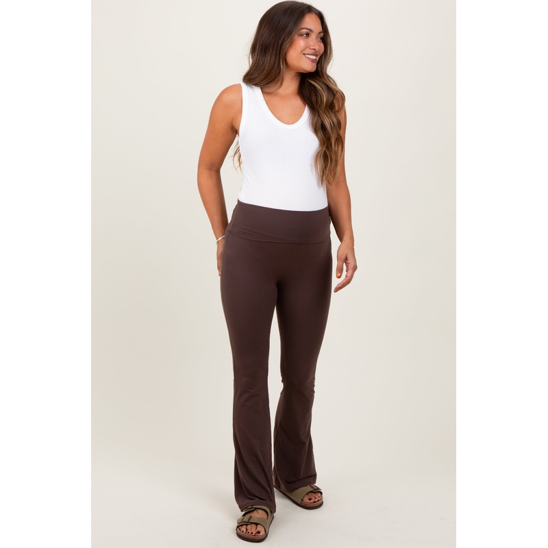 Brown Fold Over Waistband Maternity Flared Pants