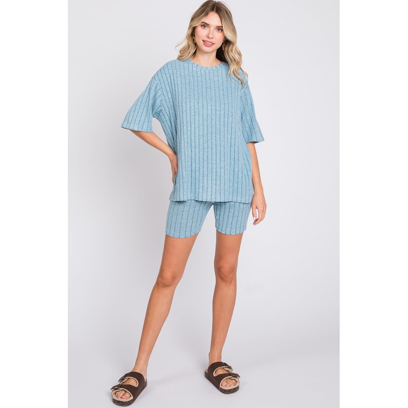 Light Blue Ribbed Soft Short Sleeve Shorts Set