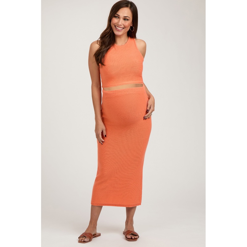 Orange Sleeveless Crop Maternity Skirt Set