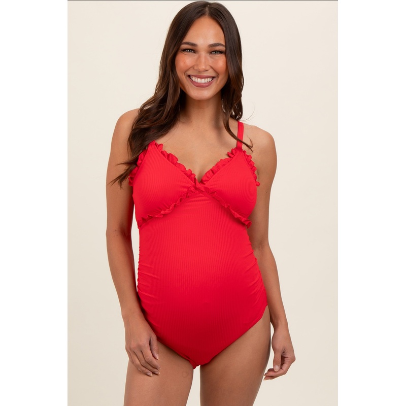 Red Ribbed Lettuce Edge V-Neck Maternity One-Piece Swimsuit