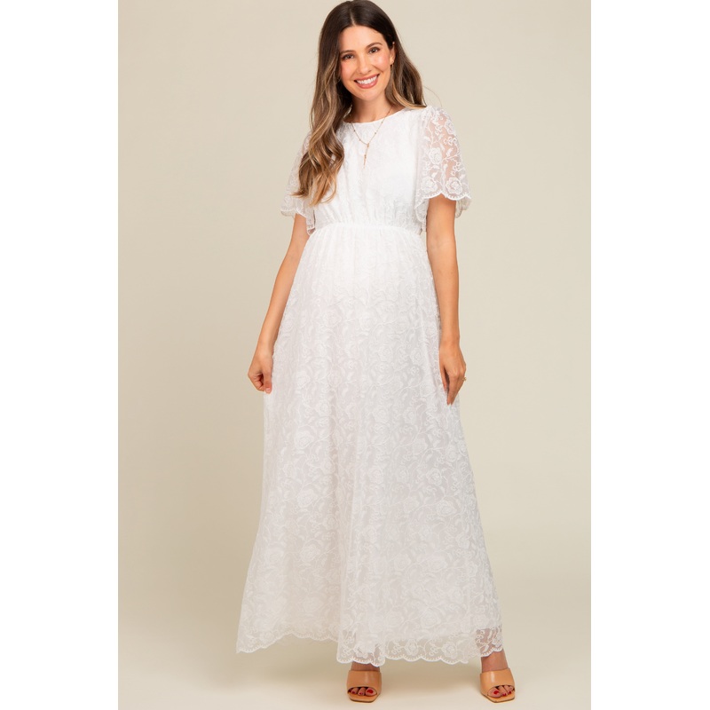 White Lace Sheer Lace Back Maternity Maxi Dress