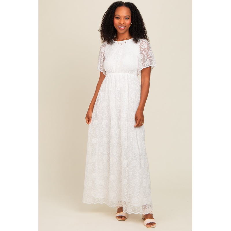 White Lace Sheer Lace Back Maxi Dress