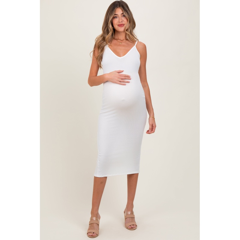 White Ribbed Cami Maternity Midi Dress