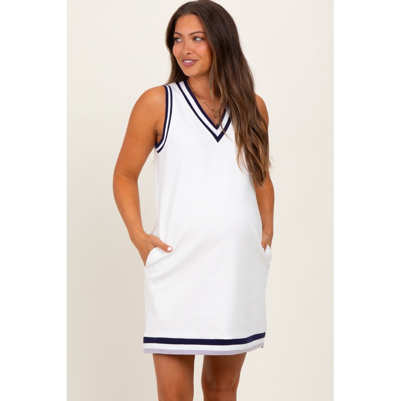 White Sleeveless Border Detail V-Neck Maternity Mini Dress
