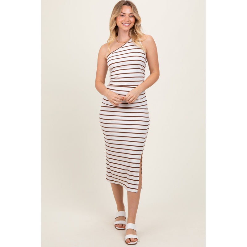 White Striped One Shoulder Side Slit Midi Dress