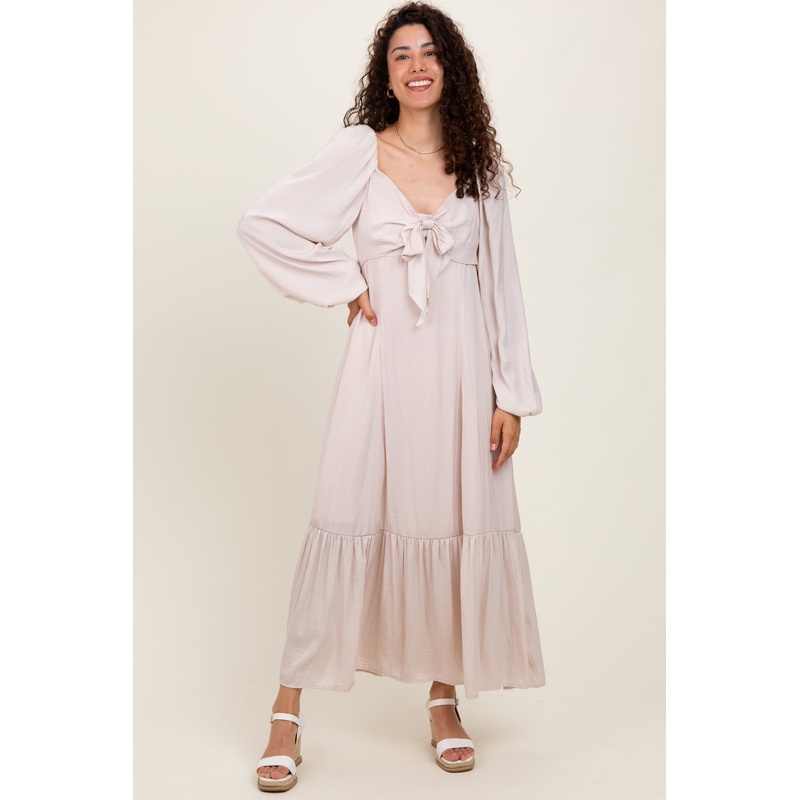 Beige Bow Satin Maxi Dress
