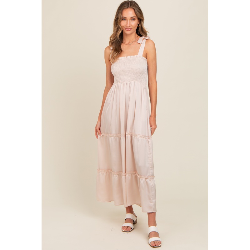 Beige Satin Smocked Maxi Dress