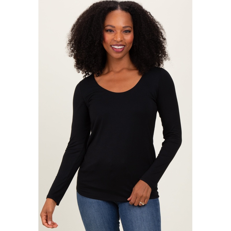 Black Basic Scoop Neck Long Sleeve Top