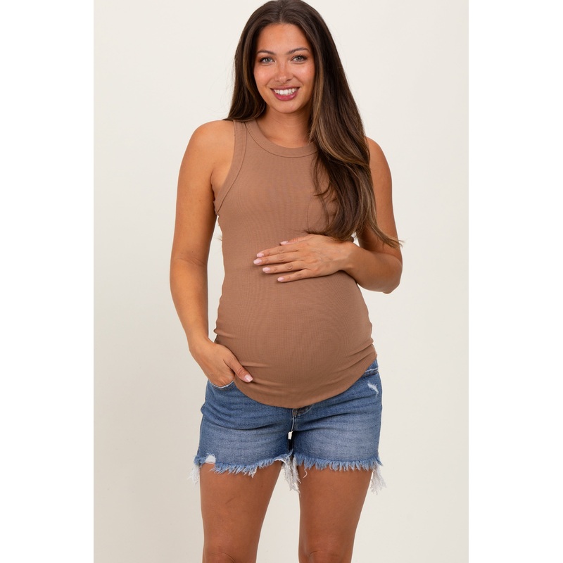 Blue Fringe Hem Side Slit Maternity Denim Shorts