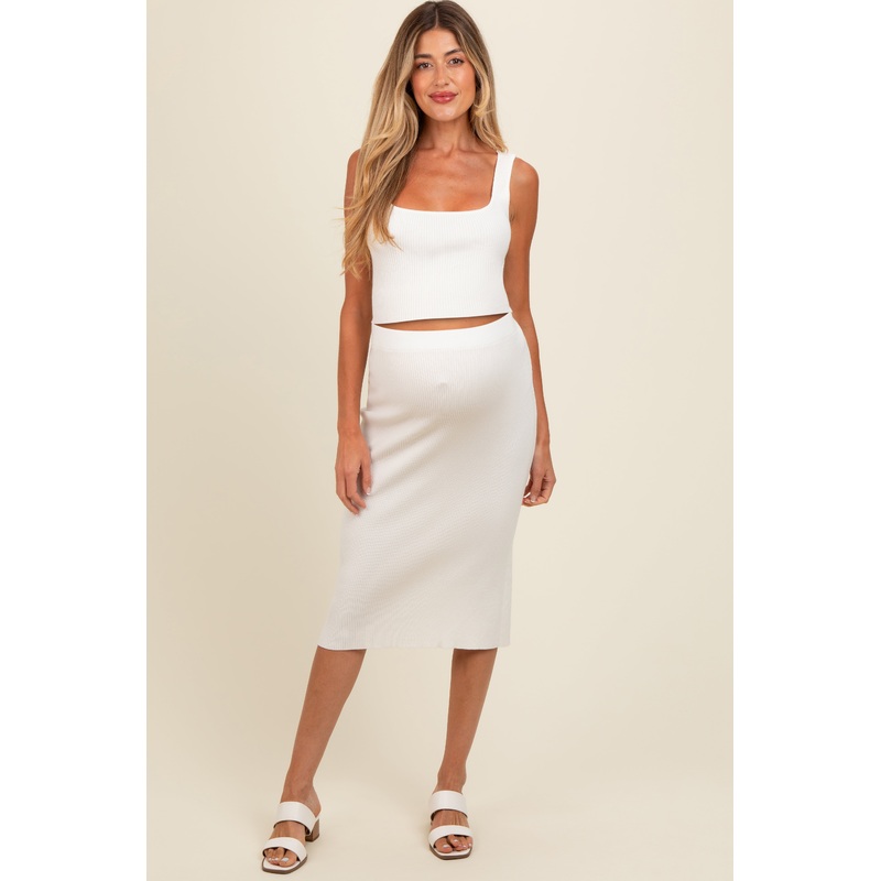 Cream Ribbed Square Neck Sleeveless Crop Maternity Skirt Set