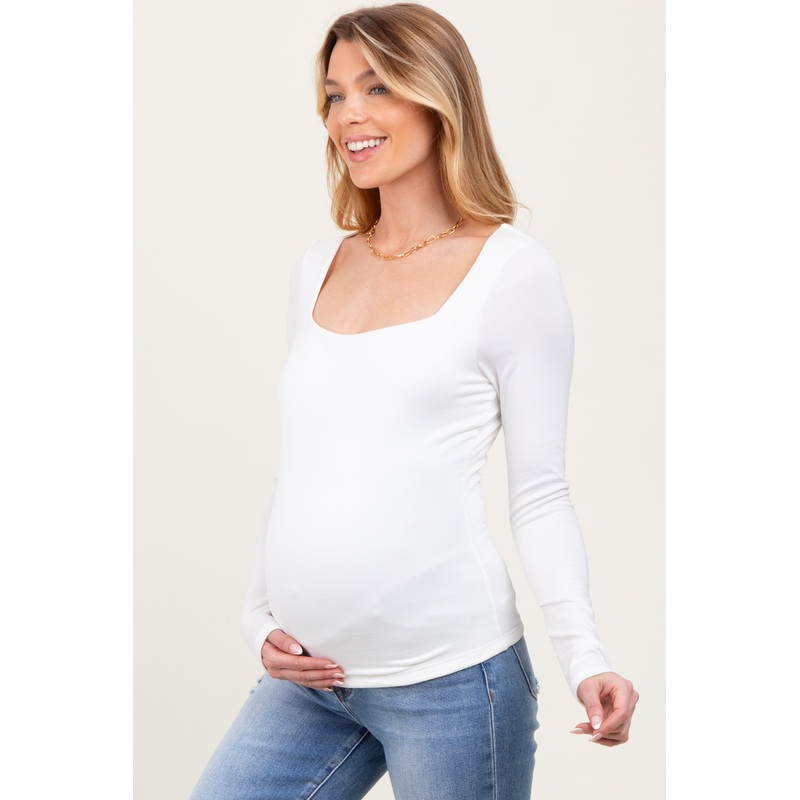 White Square Neck Long Sleeve Maternity Top